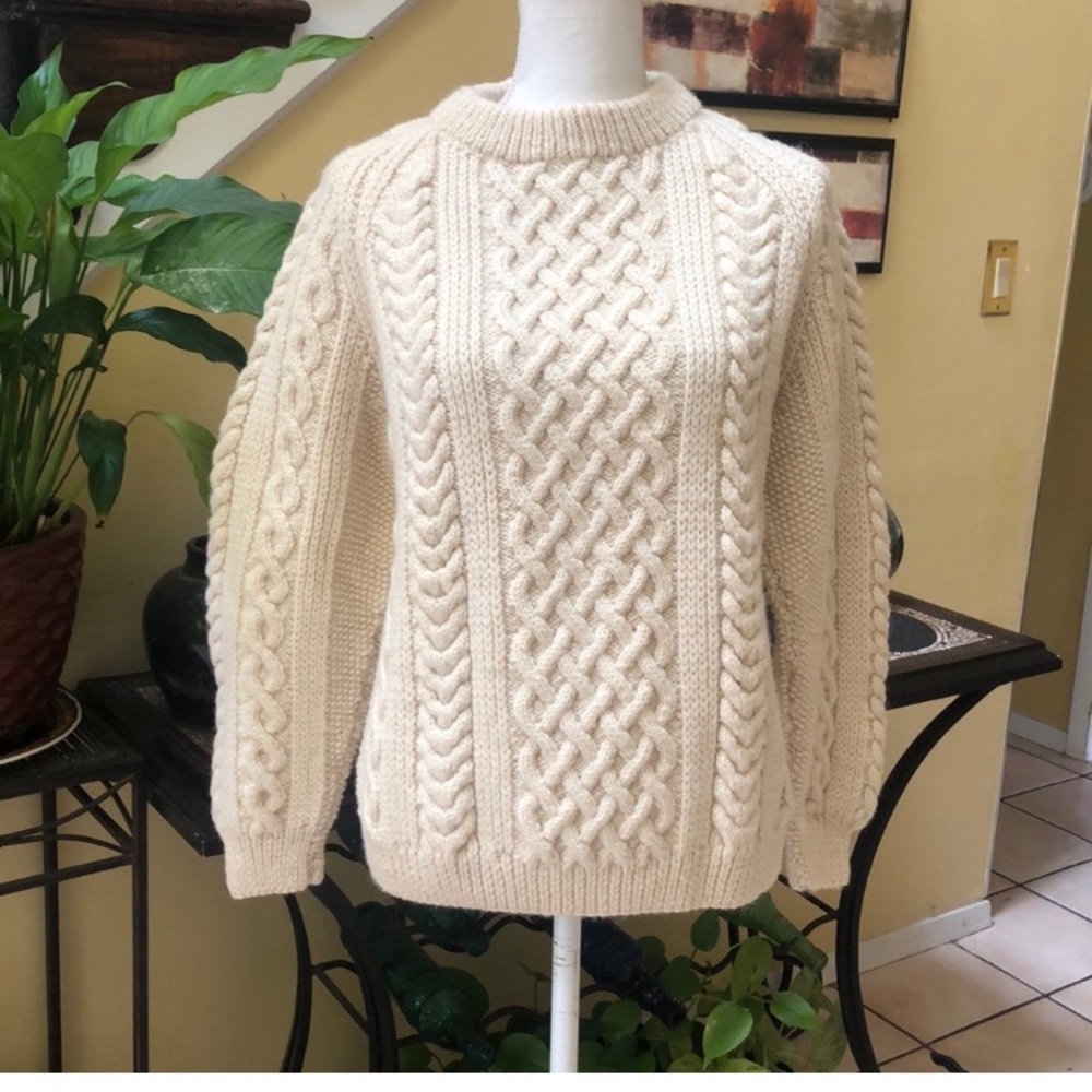Blarney Woolen Mills Ivory 100% Irish Wool Chunky Cable Knit Aran Sweater Small